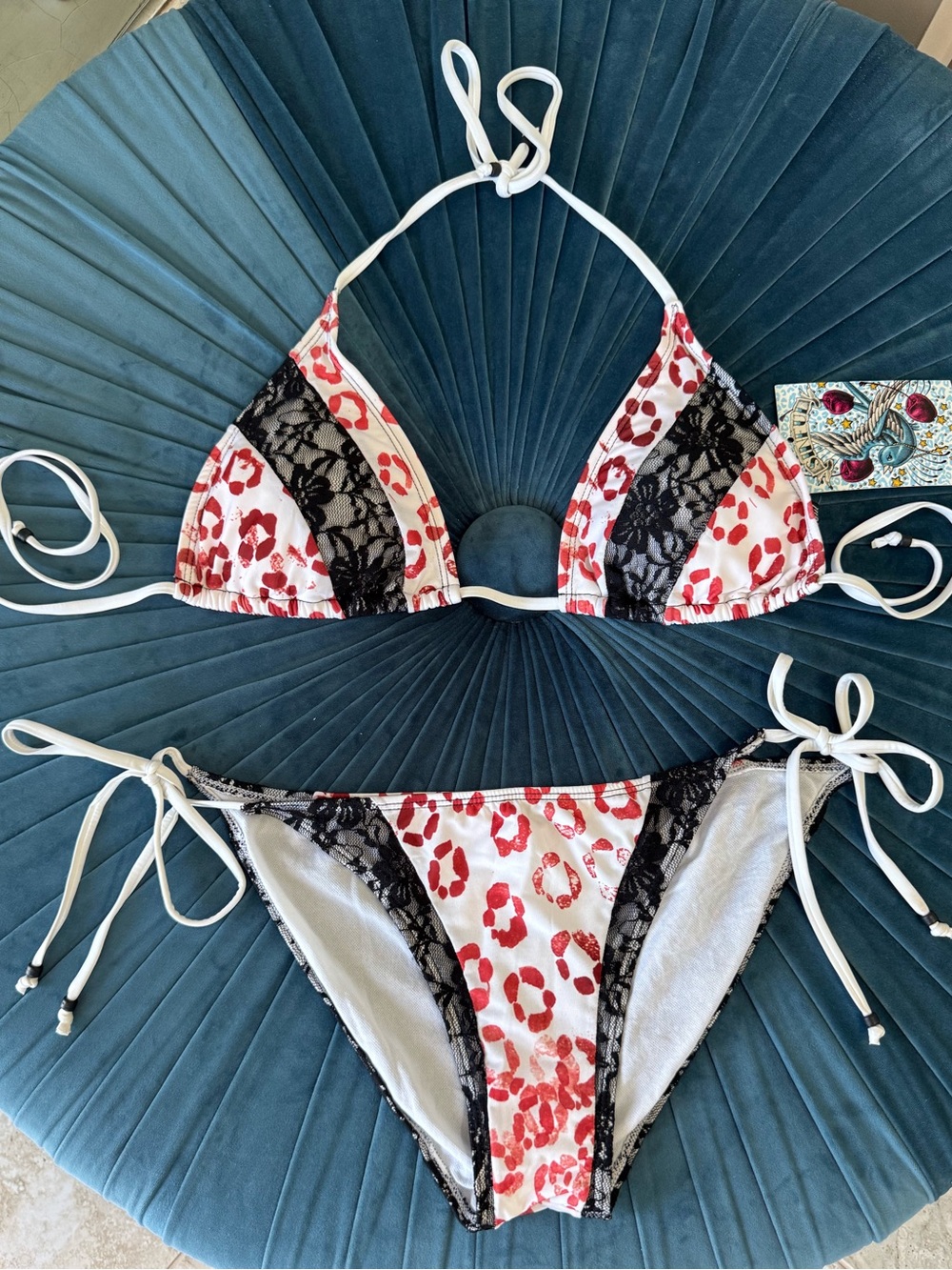 Sinful by Affliction Y2K White Bikini with Rust Leopard Print & Black Lace